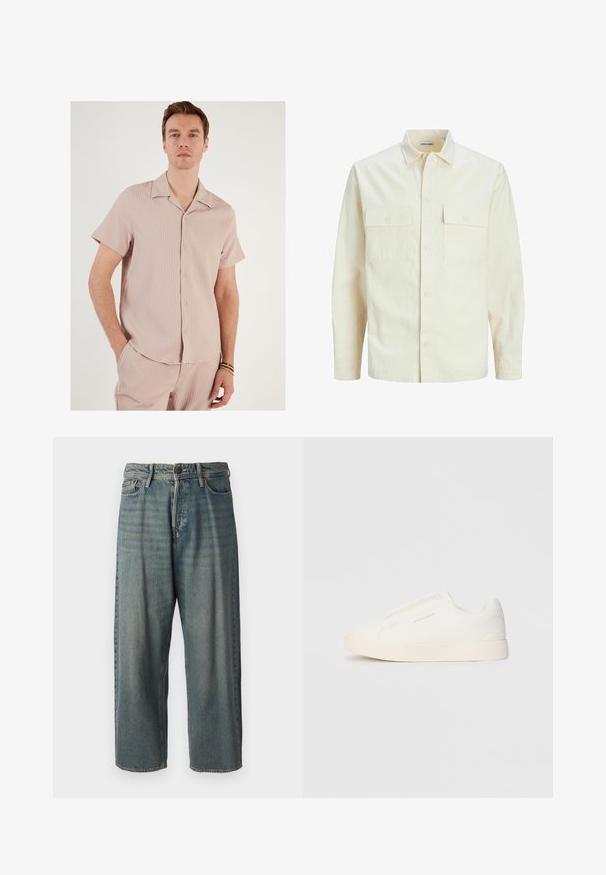 Svetlo béžová košeľa s dlhým rukávom, s golierom, dvoma prednými vreckami, zapínaním na gombíky a textúrovanou látkou.; Košeľa s krátkym rukávom v svetloružovej farbe, vyrobená z rebrovanej látky. Obsahuje golier a gombíky pozdĺž prednej strany, s voľným strihom.; Svetlomodré denimové nohavice so voľným strihom, stredne vysokým pásom a rovnými nohavicami. Obsahujú päť vreciek, pútka na opasok a zapínanie na gombík.; Biele slip-on tenisky s textúrovaným povrchom, hrubou podrážkou a minimalistickým dizajnom. Obsahuje logo značky na boku.