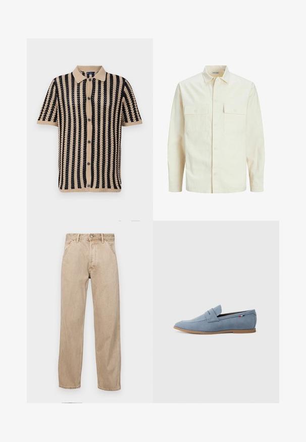 Gai bēšs garām piedurknēm krekls ar apkakles izgriezumu, divām priekšējām kabatām, pogu aizdari un teksturētu audumu.; Izšūdināta īsām piedurknēm polo krekls krēmkrāsā un melnā krāsā, ar vertikālām svītrām, ribotu apkakli un pogu aizdari. Tekstūru adīts audums.; Beige džinsi ar taisnu kāju dizainu, ar priekšējiem kabatām, metāla pogu aizdari un smalku faktūru.; Gaiši zilas zamšādas mokasīni ar gludu faktūru, dekoratīvo izšuvumu un brūnu gumijas zoli. Augšdaļā ir penny slot dizains.