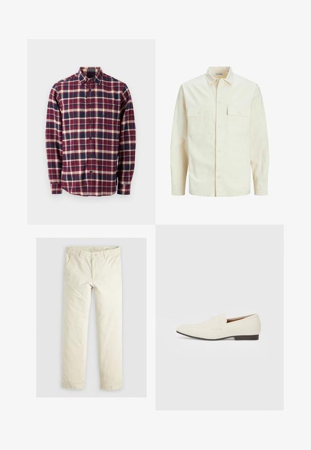 Camicia beige chiaro a maniche lunghe con colletto, due tasche frontali, chiusura a bottoni e un tessuto texturizzato.; GAP STANDARD - Camicia - purple; Pantaloni ampi di colore beige chiaro con tre tasche, passanti per la cintura e design a gamba dritta. Realizzati in un morbido tessuto misto cotone.; Mocassini beige chiaro con punta affusolata, materiale liscio, una fascia sulla tomaia e una suola bassa marrone. Design semplice con accenti minimi.