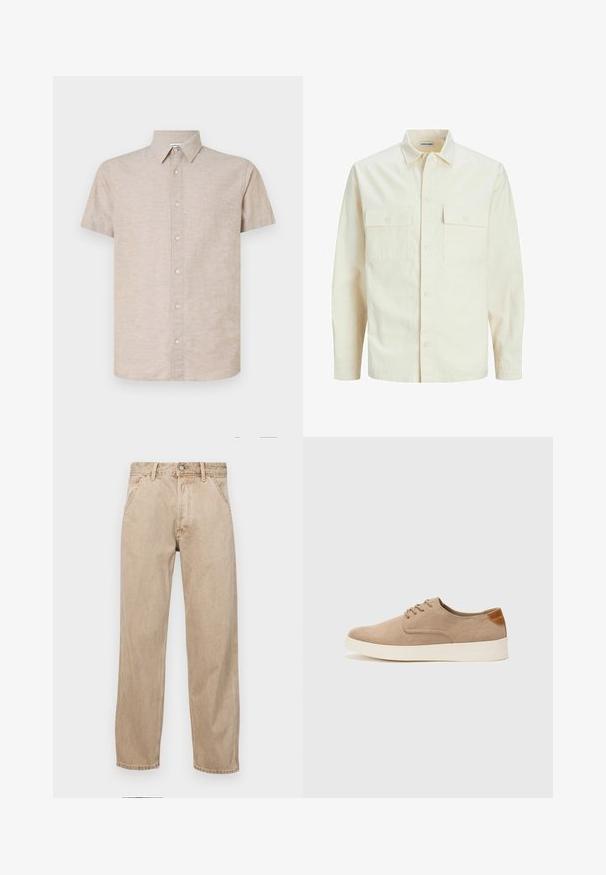 Světle béžová košile s dlouhým rukávem, límečkem, dvěma předními kapsami, zapínáním na knoflíky a strukturovanou tkaninou.; Krátký béžový rukávový shirt z texturované tkaniny s límcem na knoflíky, s přední lištou se světlými knoflíky a rovním lemem.; Béžové džíny z denimu se středně širokým střihem, vybavené předními kapsami, kovovým zapínáním na knoflík a jemnou texturou.; Béžové semišové tenisky s kulatou špičkou, šněrováním vpředu a texturovaným zadním akcentem. Bílá gumová podrážka poskytuje kontrast. Jednoduchý a moderní design.