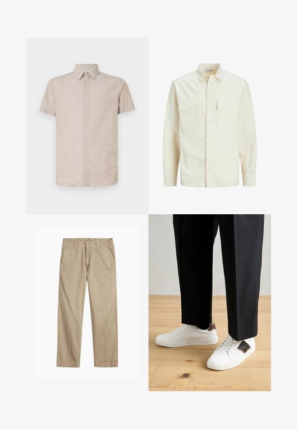 Lichtbeige langemouwen shirt met een kraaghalslijn, twee voorzakken, knoopsluiting en een gestructureerde stof.; Korte mouwen beige shirt van een gestructureerde stof met een button-down kraag, voorzien van een voorkant met lichte knopen en een rechte zoom.; Beige rechte pijpen chinos met riemlussen, voorkant met knoop en rits sluiting, en schuine voorzakken.; Witte sneakers met een gladde textuur, voorzien van bruine lederen accenten en zwarte details, gecombineerd met zwarte maatpakken. Achtergrond van houten vloeren.