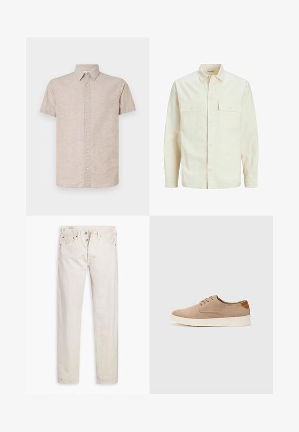 Svetlo bež srajca z dolgimi rokavi, ovratnim izrezom, dvema sprednjima žepoma, zapenjanjem na gumbe in teksturirano tkanino.; Srajca s kratkimi rokavi bež barve iz strukturirane tkanine z ovratnikom na gumb, ki ima sprednji del z svetlimi gumbi in ravnim robom.; Off-white visoke uske kavbojke s gumbom za zapenjanje, pet žepov in bakrenimi zakoviki, razporejene na belem ozadju.; Bež tkanine usnjene superge z zaobljenim nosom, vezalkami na sprednji strani in teksturiranim zadnjim detajlom. Belo gumijasto podplato zagotavlja kontrast. Enostaven in sodoben dizajn.