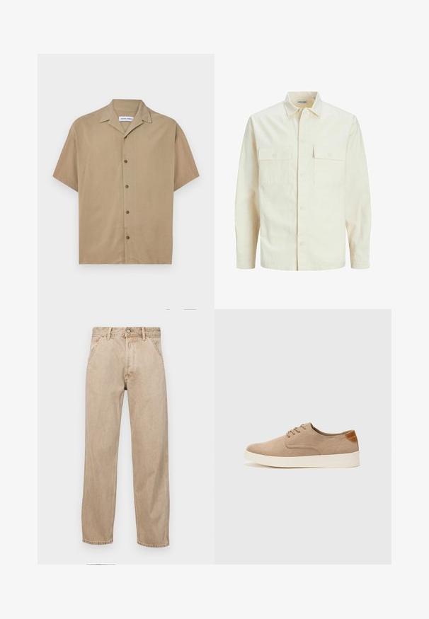 Gai bēšs garām piedurknēm krekls ar apkakles izgriezumu, divām priekšējām kabatām, pogu aizdari un teksturētu audumu.; Šorta piedurkņu krekls gaiši brūnā audumā, ar apkakli, pogu aizdari un gludu tekstūru. Vienkāršs dizains bez rakstiem.; Beige džinsi ar taisnu kāju dizainu, ar priekšējiem kabatām, metāla pogu aizdari un smalku faktūru.; Beige zamšādas kedas ar noapaļotu purngala daļu, auklēm saplacinātu priekšpusi un teksturētu aizmugures akcentu. Balta gumijas zole nodrošina kontrastu. Vienkāršs un mūsdienīgs dizains.