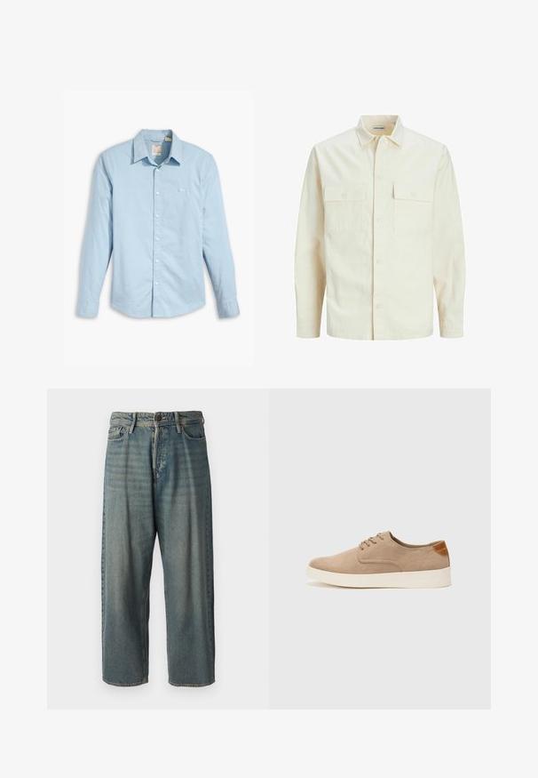 Hellbeige Langarmhemd mit klassischem Kragen, zwei Fronttaschen, Knopfverschluss und strukturiertem Stoff.; Helle blaue langärmlige Hemd mit Knopfleiste aus Baumwolle, mit klassischem Kragen, weißen Knöpfen und einem kleinen Logo auf der linken Brust.; Helle blaue Denim-Jeans mit lockerer Passform, mittelhoher Taille und geraden Beinen. Hat fünf Taschen, Gürtelschlaufen und einen Knopfverschluss.; Beige Wildleder-Sneaker mit runder Zehenpartie, Schnürung und strukturiertem Rückenteil. Die weiße Gummisohle sorgt für einen Kontrast. Einfaches und modernes Design.