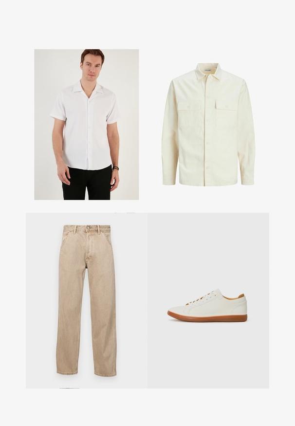 Camisa de manga larga color beige claro con cuello, dos bolsillos frontales, cierre de botones y una tela texturizada.; Camisa blanca de manga corta con textura acanalada, cuello extendido y botones en la parte delantera. Combinada con pantalones negros, que exhiben un diseño casual.; Jeans de mezclilla beige con un diseño de pierna recta, que cuentan con bolsillos frontales, cierre de botón de metal y una textura sutil.; Zapatilla blanca con parte superior de cuero texturizado, puntera redonda y suela de goma. Presenta cordones blancos planos y acentos interiores en tono beige.