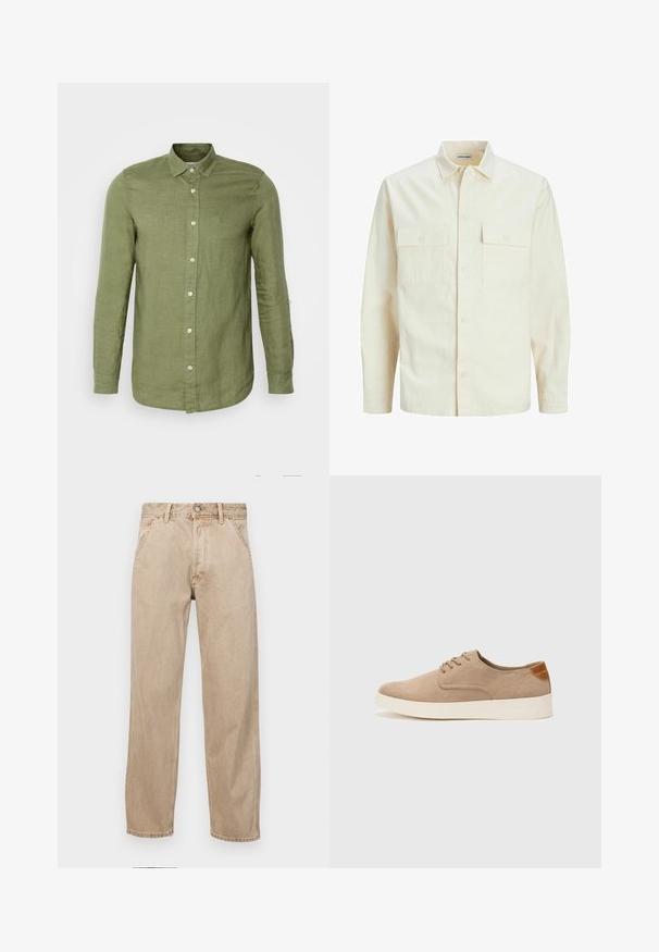 Svetlo béžová košeľa s dlhým rukávom, s golierom, dvoma prednými vreckami, zapínaním na gombíky a textúrovanou látkou.; Olivovo zelená ľanová košeľa s dlhým rukávom a golierom s gombíkmi, vybavená bielymi gombíkmi a voľným strihom. Textúrovaná tkanina, upravené manžety.; Bežové denimové rifle so strihom rovného nohu, s prednými vreckami, kovovým zapínaním na gombík a jemnou textúrou.; Béžové semišové tenisky s okrúhlou špičkou, šnurovaním vpredu a textúrovaným zadným akcentom. Biela gumová podrážka poskytuje kontrast. Jednoduchý a moderný dizajn.