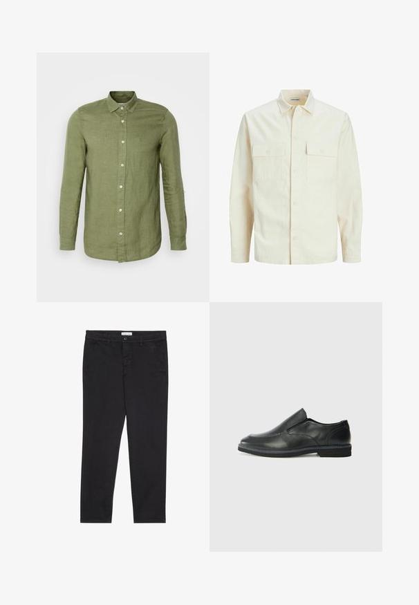 Cămașă lungă cu mâneci lungi de culoare bej deschis, cu guler, două buzunare frontale, închidere cu butoane și un material texturat.; Cămașă lungă din in de culoare verde măslin, cu guler cu butoni, având butoni albi și un croi lejer. Țesătură texturată, manșete croite.; Pantaloni din bumbac negri cu o croială slim, având două buzunare laterale și închidere frontală cu buton. Material texturat cu detalii subtile.; Pantof de piele neagră, tip slip-on, cu un superior neted, accente cusute, vârf rotunjit și un toc jos din cauciuc. Talpa are un profil minim de aderență.