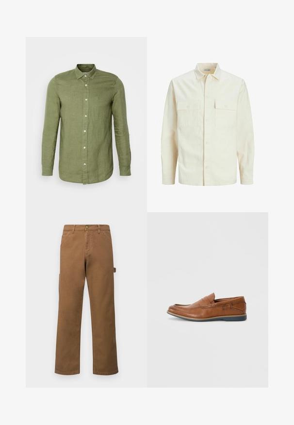 Svetlo béžová košeľa s dlhým rukávom, s golierom, dvoma prednými vreckami, zapínaním na gombíky a textúrovanou látkou.; Olivovo zelená ľanová košeľa s dlhým rukávom a golierom s gombíkmi, vybavená bielymi gombíkmi a voľným strihom. Textúrovaná tkanina, upravené manžety.; Hnedé bavlnené cargo nohavice so rovnými nohavicami, ktoré majú bočné vrecká a kovový gombík na zapínanie v páse. Hladká textúra a ležérny dizajn.; Hnedé kožené poltopánky s okrúhlou špičkou, prešité akcenty a nízkou gumovou podrážkou. Dizajn obsahuje pásku cez hornú časť.