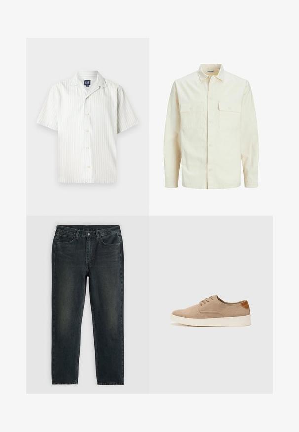 Gai bēšs garām piedurknēm krekls ar apkakles izgriezumu, divām priekšējām kabatām, pogu aizdari un teksturētu audumu.; Gaišzila un baltā vertikālā svītrā īsām piedurknēm pogājamā krekla, kas izgatavots no kokvilnas auduma, ar izteiksmīgu apkakli un priekšējām pogām.; Tumši zili džinsi ar taisnu kāju griezumu, ar piecām kabatām, rāvējslēdzēju un kontrastējošām diegvīlēm. Auduma viegla izbalēšana.; Beige zamšādas kedas ar noapaļotu purngala daļu, auklēm saplacinātu priekšpusi un teksturētu aizmugures akcentu. Balta gumijas zole nodrošina kontrastu. Vienkāršs un mūsdienīgs dizains.