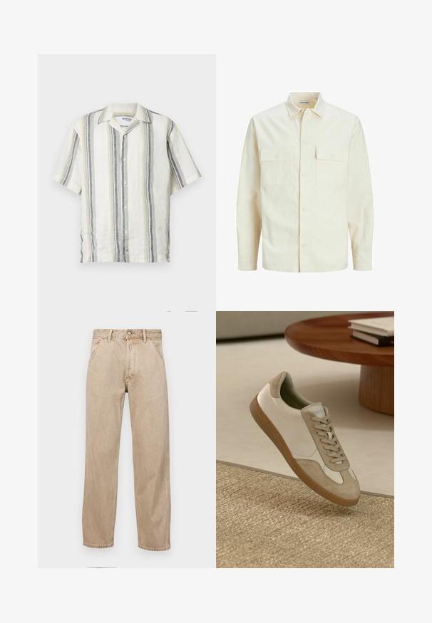 Gai bēšs garām piedurknēm krekls ar apkakles izgriezumu, divām priekšējām kabatām, pogu aizdari un teksturētu audumu.; Kreklu ar īsām piedurknēm no linu auduma, ar vertikālām svītrām bēšā, gaiši zaļā, pelēkā un tumši zilā krāsā. Tam ir apkakles izgriezums un pogu aizdare.; Beige džinsi ar taisnu kāju dizainu, ar priekšējiem kabatām, metāla pogu aizdari un smalku faktūru.; Vieglie sporta apavi ar baltu ādas virsu, beige zamša akcentiem, apaļu pirkstu un strukturētu brūnu gumijas zoli.