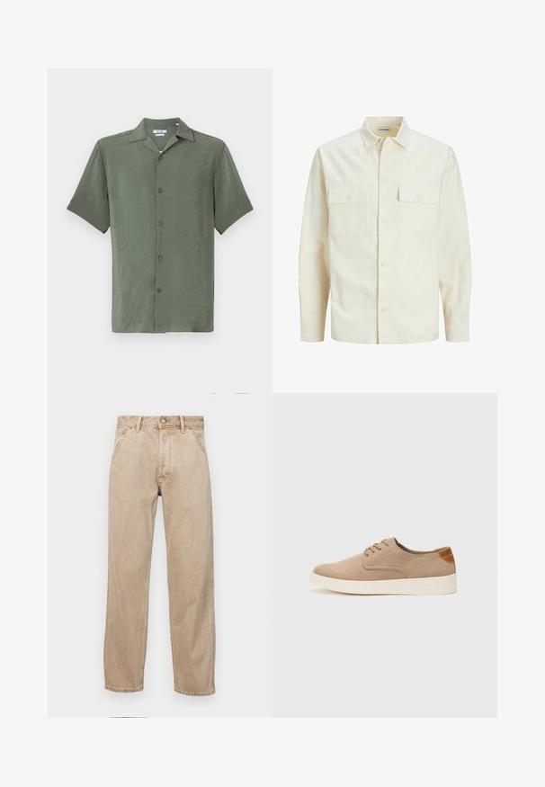 Vaaleanbeige pitkähihaisen paidan, jossa on kaulukset, kaksi etutaskua, nappikiinnitys ja tekstiilissä on tekstuuria.; Lyhythihainen nappipaita, joka on valmistettu teksturoidusta oliivinvihreästä kankaasta. Paidassa on klassinen kaulus ja viisi etunappia.; Beige farkkuhousut suoranlahkeisella muotoilulla, joissa on etutaskut, metallinen nappisulku ja hillitty rakenne.; Beige nubuck-lenkkarit, joissa on pyöreä kärki, nauhakiinnitys ja teksturoitu takaosa. Valkoinen kumipohja tuo kontrastia. Yksinkertainen ja moderni muotoilu.