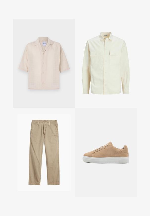 Světle béžová košile s dlouhým rukávem, límečkem, dvěma předními kapsami, zapínáním na knoflíky a strukturovanou tkaninou.; Krátký rukáv, béžová košile na knoflíky, s mřížkovaným vzorem, měkkou texturou a klopovým límcem. Vyrobena z lehkého materiálu.; Beige rovné chino kalhoty s poutky na opasek, zapínáním na přední knoflík a zip, a šikmými předními kapsami.; Hnědé semišové tenisky s bílou podrážkou, zaoblenou špičkou, plochými tkaničkami a minimalistickým designem. Mají hladkou texturu a jemné švy.