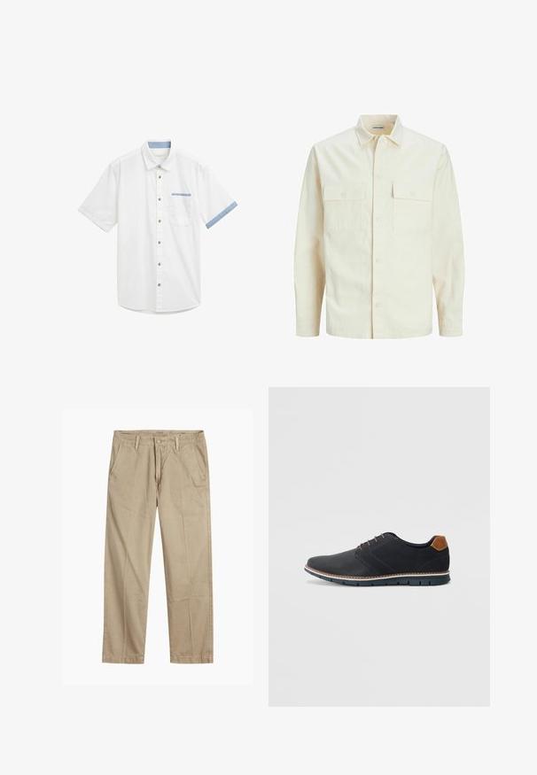 Lichtbeige langemouwen shirt met een kraaghalslijn, twee voorzakken, knoopsluiting en een gestructureerde stof.; Witte shirt met korte mouwen en een strakke kraag, lichtblauw accent op de manchetten, een borstzak en bruine knoopdetails aan de voorkant.; Beige rechte pijpen chinos met riemlussen, voorkant met knoop en rits sluiting, en schuine voorzakken.; Zwarte synthetische schoenen met een gestructureerde bovenkant, gladde accenten, bruine hak en een contrasterende zool. Bevat minimale veters en stikdetails.