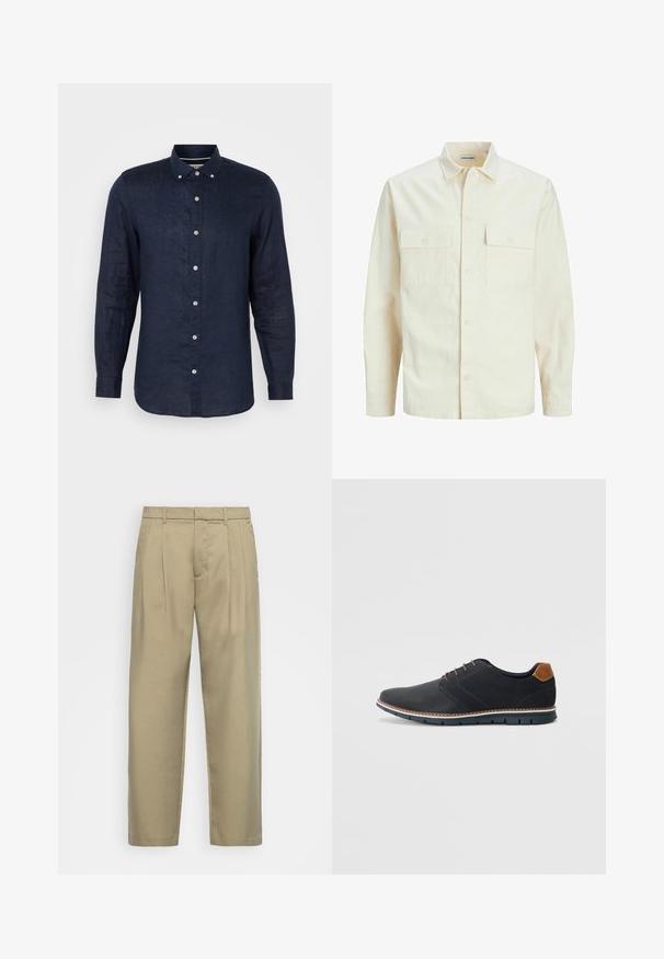 Svetlo béžová košeľa s dlhým rukávom, s golierom, dvoma prednými vreckami, zapínaním na gombíky a textúrovanou látkou.; Námornícky modrá košeľa s dlhým rukávom vyrobená z ľanu, s golierom na gombíky, šiestimi gombíkmi na prednej strane a mierne zaobleným spodným okrajom.; Béžové, vysoké nohavice s rovnými nohavicami, s plochým predným dielom, bočnými vreckami a hladkým, textúrovaným materiálom.; Čierne syntetické topánky so štruktúrovaným zvrškom, hladkými akcentmi, hnedým opätkom a kontrastnou podrážkou. Majú minimálne šnurovanie a detaily prešitia.