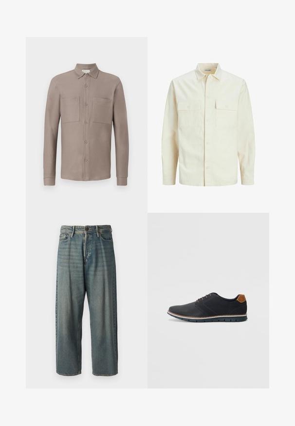 Svetlo bež srajca z dolgimi rokavi, ovratnim izrezom, dvema sprednjima žepoma, zapenjanjem na gumbe in teksturirano tkanino.; Svetlo rjava srajca s kragnjo, dvema žepoma na prsih in dolgimi rokavi iz gladkega, teksturiranega blaga.; Svetlomoderne kavbojke z ohlapnim krojem, srednjim pasom in ravnimi nogami. Imajo pet žepov, zanke za pas in zapiranje na gumb.; Črne sintetične čevlje z teksturirano zgornjščino, gladkimi akcenti, rjavim petnim delom in kontrastnim podplatom. Imajo minimalno vezanje in detajle šivanja.