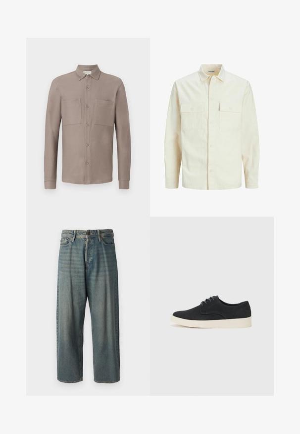 Kergedbež pika-särk pikkade varrukatega, krae ja kahe eespool asuva taskuga, nööpidega kinnitamine ja reljeefne materjal.; Helepruun nupuga särk kraega, kahe rinnatasku ja pikkade varrukatega, mis on valmistatud siledast, tekstuurilisest kangast.; Heledad sinine denim-stiilis teksad, volüümse lõike, keskmise kõrgusega talje ja sirgete säärega. Omab viit taskut, vöökumme ja nööpide sulgemist.; Must musta lakkidega kingad, ümarate varvastega, kerge kreemivärvi tallaga ning peene sinise õmblusega pealispinnal.