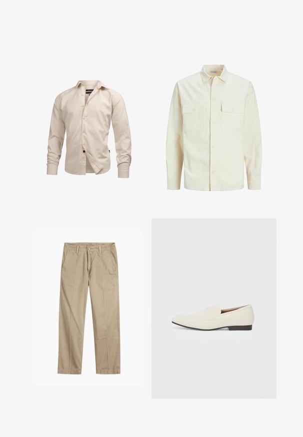 Svetlo béžová košeľa s dlhým rukávom, s golierom, dvoma prednými vreckami, zapínaním na gombíky a textúrovanou látkou.; Svetlobéžová košeľa s dlhým rukávom na gombíky s golierom, so zjednodušenou textúrou, štandardnými manžetami, predným zapínaním a čiernym logom.; Béžové chinos nohavice rovného strihu s pútkami na opasok, predným gombíkom a zipsom, a šikmými prednými vreckami.; Svetlé béžové mokasíny s špicatou špičkou, hladkým materiálom, pásikom cez vamp a nízkou hnedou podrážkou. Jednoduchý dizajn s minimálnymi akcentmi.
