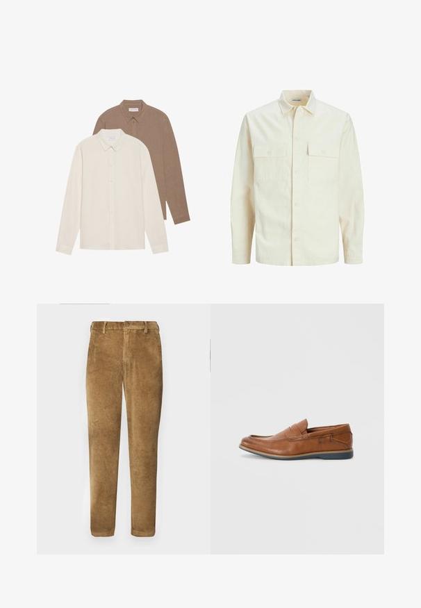 Světle béžová košile s dlouhým rukávem, límečkem, dvěma předními kapsami, zapínáním na knoflíky a strukturovanou tkaninou.; Dvě košile s dlouhým rukávem: jedna krémová a jedna hnědá, obě s límci na knoflíky, viditelnou texturou látky, jednoduchý design a štítky viditelné.; Hnědé kordové kalhoty s vertikálním žebrovaným vzorem, rovný střih, zapínání na knoflíky a poutka na opasek. Hladká látka s jemným povrchem.; Hnědé kožené mokasíny s kulatou špičkou, prošívanými detaily a nízkou gumovou podrážkou. Design zahrnuje pásek přes vrch.