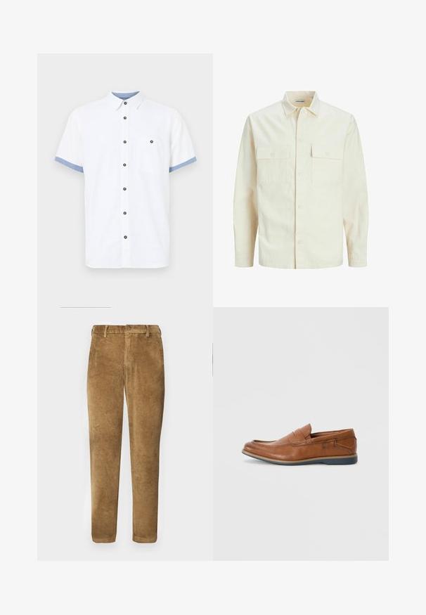 Light beige long-sleeve shirt with a collared neckline, two front pockets, button closure, and a textured fabric.; Short-sleeve white shirt, cotton fabric, button-up design, blue accents on sleeves, single chest pocket, five dark buttons.; Brown corduroy pants with vertical ribbed texture, straight cut, button closure, and belt loops. Smooth fabric with a soft finish.; Brown leather loafers with a round toe, stitched accents, and a low rubber sole. The design features a band across the upper.