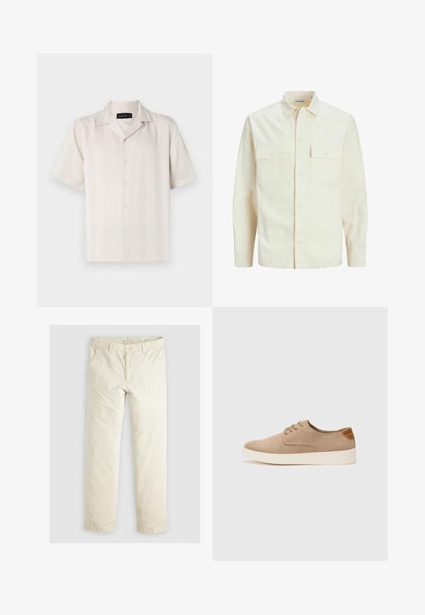 Lichtbeige langemouwen shirt met een kraaghalslijn, twee voorzakken, knoopsluiting en een gestructureerde stof.; Beige shirt met korte mouwen, een subtiele verticale ribbelstructuur, knoopsluiting en een puntige kraag. Lichtgewicht stof.; Lichtbeige losse broek met drie zakken, riemlussen en een recht model. Gemaakt van een zachte katoenmix.; Beige suède sneakers met een ronde neus, vetersluiting aan de voorkant en een getextureerde achteraccent. De witte rubberen zool zorgt voor contrast. Eenvoudig en modern ontwerp.