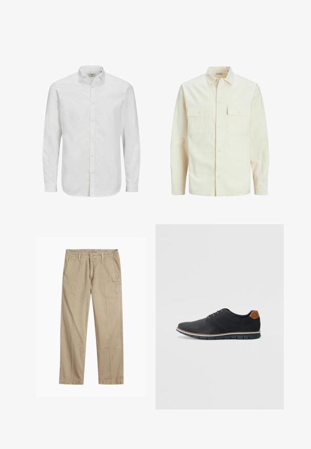 Lichtbeige langemouwen shirt met een kraaghalslijn, twee voorzakken, knoopsluiting en een gestructureerde stof.; Witte, lange mouw, knoopsluitende shirt van katoen, met een klassieke kraag, rechte snit en subtiele textuur. Standaard knoopsluiting.; Beige rechte pijpen chinos met riemlussen, voorkant met knoop en rits sluiting, en schuine voorzakken.; Zwarte synthetische schoenen met een gestructureerde bovenkant, gladde accenten, bruine hak en een contrasterende zool. Bevat minimale veters en stikdetails.