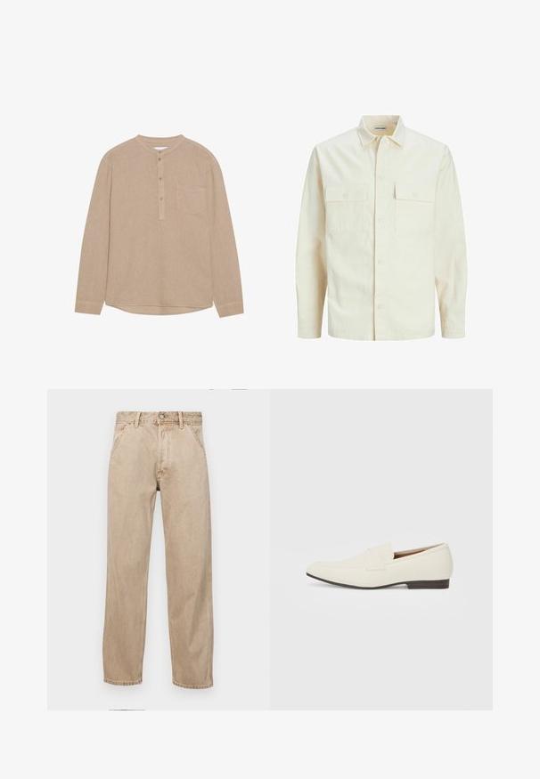 Hellbeige Langarmhemd mit klassischem Kragen, zwei Fronttaschen, Knopfverschluss und strukturiertem Stoff.; Beige Langarmhemd mit Henley-Ausschnitt, geknöpftem Verschluss, Brusttasche auf der linken Seite, weicher Textur und abgerundetem Saum.; Beige Denim-Jeans mit geradem Beinschnitt, ausgestattet mit Vordertaschen, einem Metallknopfverschluss und feiner Textur.; Hellbeige Slipper mit spitzem Zehenbereich, glattem Material, einem Riemen über dem Vorderfuß und einer niedrigen braunen Sohle. Einfaches Design mit minimalen Akzenten.