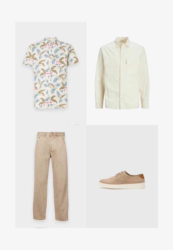 Chemise longue à manches longues beige clair avec un col, deux poches frontales, fermeture à boutons et un tissu texturé.; Chemise à manches courtes en coton beige clair, dotée d'un motif floral tropical avec des accents roses et bleus, et d'une fermeture à boutons sur le devant.; Jeans en denim beige avec une coupe droite, dotés de poches avant, d'une fermeture à bouton en métal et d'une texture subtile.; Baskets en daim beige avec un embout arrondi, un laçage sur le devant et un accent texturé à l'arrière. La semelle en caoutchouc blanche offre un contraste. Design simple et moderne.