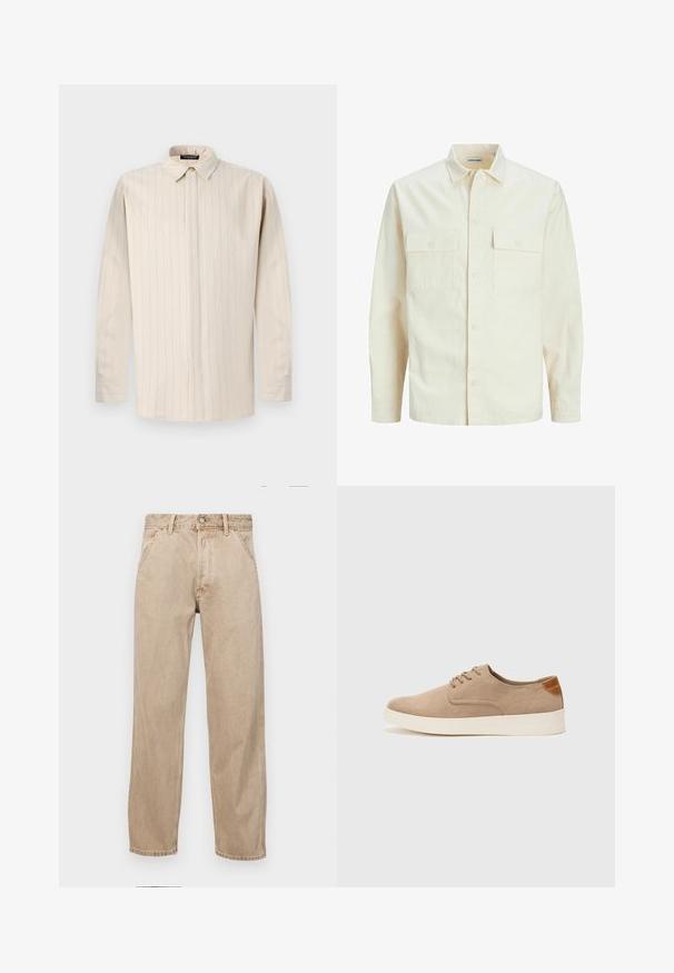 Jasno beżowa koszula z długim rękawem, z kołnierzykiem, dwoma kieszeniami z przodu, zapięciem na guziki i teksturowanym materiałem.; Jasno beżowa koszula z długim rękawem i kołnierzykiem na guziki, z pionowymi prążkami, prostym krojem i mankietami zapinanymi na jeden guzik.; Beżowe dżinsy o prostym kroju, z przednimi kieszeniami, metalowym zapięciem na guzik i delikatną teksturą.; Beżowe zamszowe sneakersy z okrągłym noskiem, sznurowanym przodem i teksturowanym akcentem na tyle. Biała gumowa podeszwa tworzy kontrast. Prosty i nowoczesny design.