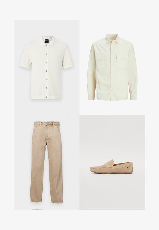 Šviesiai smėlio spalvos ilgomis rankovėmis marškiniai su apykakle, dviem priekinėmis kišenėmis, mygtukų uždarymu ir tekstūruota medžiaga.; Megztas polo marškinėliai perlo baltumo spalvos su tekstūruotu raštu, trumpomis rankovėmis, mygtukų užsegimu priekyje su kontrastingais mygtukais ir plokščiu apykakle.; Smėlio spalvos džinsai su tiesia kojų siluetu, turintys priekinę kišenę, metalinį mygtuką ir subtilią tekstūrą.; Jack & Jones JFWJENSEN - Mokasinai - moonbeam