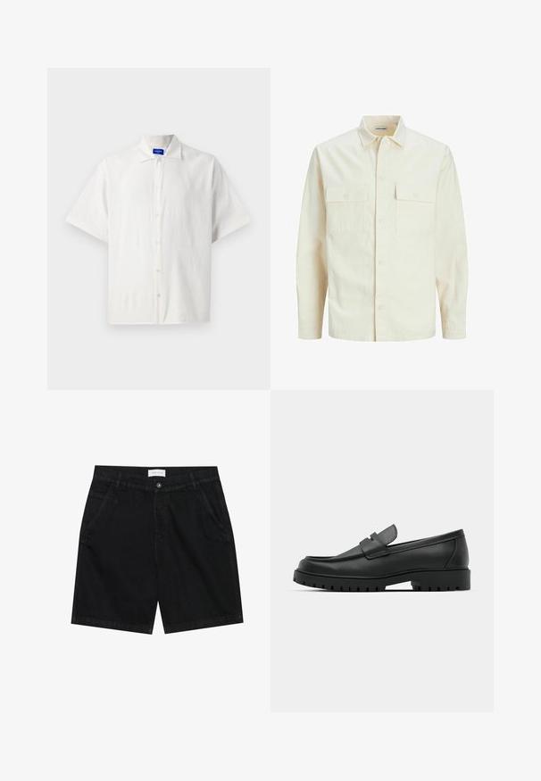Svetlo bež srajca z dolgimi rokavi, ovratnim izrezom, dvema sprednjima žepoma, zapenjanjem na gumbe in teksturirano tkanino.; Kratke rokave, bela srajca s gumbi, izdelana iz lahkega materiala, z klasičnim ovratnikom in rahlo teksturo. Gumbi so enakomerno razporejeni.; Črne denim kratke hlače s klasičnim krojem, ki imajo dva sprednja žepa, zapiranje na gumb in oznako na pasu. Grob material.; Črne usnjene loafers čevlje z zaobljenim nosom, ki imajo šivano zasnovo, nizko platformo in teksturiran, profiliran gumijast podplat.
