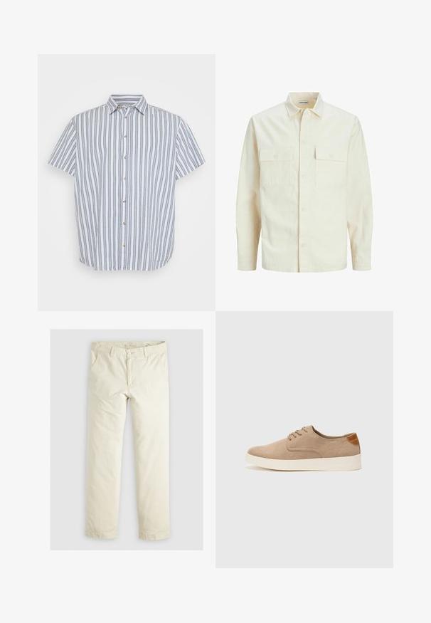 Hellbeige Langarmhemd mit klassischem Kragen, zwei Fronttaschen, Knopfverschluss und strukturiertem Stoff.; Kurzärmliges Hemd in Weiß mit blauen vertikalen Streifen. Es hat einen klassischen Kragen und Holzknöpfe an der Vorderseite.; Helle beigefarbene, lässig geschnittene Hose mit drei Taschen, Gürtelschlaufen und geradem Bein. Hergestellt aus einem weichen Baumwoll-Mix.; Beige Wildleder-Sneaker mit runder Zehenpartie, Schnürung und strukturiertem Rückenteil. Die weiße Gummisohle sorgt für einen Kontrast. Einfaches und modernes Design.