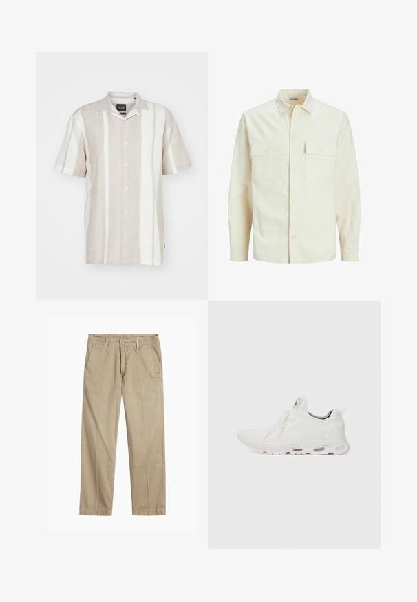 Vaaleanbeige pitkähihaisen paidan, jossa on kaulukset, kaksi etutaskua, nappikiinnitys ja tekstiilissä on tekstuuria.; Valkoinen pitkähihoinen pellavapaita vaaleanbeigellä pohjalla, jossa on pystysuorat valkoiset raidat. Paidassa on napitettu etuosa ja klassinen kauluskdesign.; Beige suorat lahkeet chinosit vyölenkkeillä, etupainike- ja vetskarikiinnitys sekä viistot etutaskut.; Valkoiset urheilukengät, joissa on teksturoitu neulepinta, litteät nauhat ja pehmustettu pohja, jossa on näkyvät ilmakammiot lisätuen tarjoamiseksi.