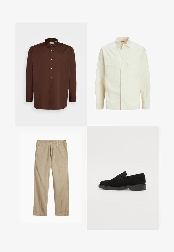Šviesiai smėlio spalvos ilgomis rankovėmis marškiniai su apykakle, dviem priekinėmis kišenėmis, mygtukų uždarymu ir tekstūruota medžiaga.; Rudas marškiniai su atlenktomis apykaklėmis, ilgomis rankovėmis ir lygiu audiniu. Priekyje yra baltos sagos.; Bežiniai tiesaus kirpimo chinos kelnės su diržo kilputėmis, priekyje esančia mygtuko ir užtrauktuko uždarymo sistema, bei šoninėmis kišenėmis.; Juodos suedes loafers su žemu kulnu, su paprasta juosta viršuje ir tekstūruota apdaila šonuose.