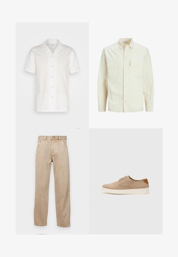 Světle béžová košile s dlouhým rukávem, límečkem, dvěma předními kapsami, zapínáním na knoflíky a strukturovanou tkaninou.; Bílá košile s krátkým rukávem, texturovaným vzorem a otvory s jmelím, s knoflíkovým zapínáním a klasickým límečkem.; Béžové džíny z denimu se středně širokým střihem, vybavené předními kapsami, kovovým zapínáním na knoflík a jemnou texturou.; Béžové semišové tenisky s kulatou špičkou, šněrováním vpředu a texturovaným zadním akcentem. Bílá gumová podrážka poskytuje kontrast. Jednoduchý a moderní design.