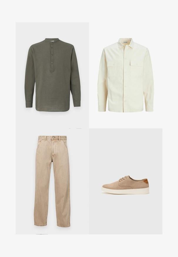 Lichtbeige langemouwen shirt met een kraaghalslijn, twee voorzakken, knoopsluiting en een gestructureerde stof.; Groene linnen overhemd met lange mouwen, een opstaande kraag, een vijfknopenlijst en een rechte zoom. Lichtgewicht textuur en casual ontwerp.; Beige denim jeans met een recht gesneden ontwerp, voorzien van voorzakken, een metalen knoopsluiting en een subtiele textuur.; Beige suède sneakers met een ronde neus, vetersluiting aan de voorkant en een getextureerde achteraccent. De witte rubberen zool zorgt voor contrast. Eenvoudig en modern ontwerp.