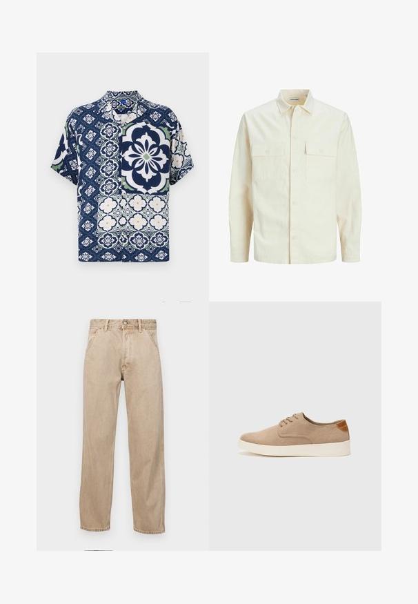 Chemise longue à manches longues beige clair avec un col, deux poches frontales, fermeture à boutons et un tissu texturé.; Chemise à manches courtes en bleu marine avec des motifs floraux et géométriques, dotée d'une fermeture à boutons, d'un tissu doux et d'accents contrastants verts et blancs.; Jeans en denim beige avec une coupe droite, dotés de poches avant, d'une fermeture à bouton en métal et d'une texture subtile.; Baskets en daim beige avec un embout arrondi, un laçage sur le devant et un accent texturé à l'arrière. La semelle en caoutchouc blanche offre un contraste. Design simple et moderne.