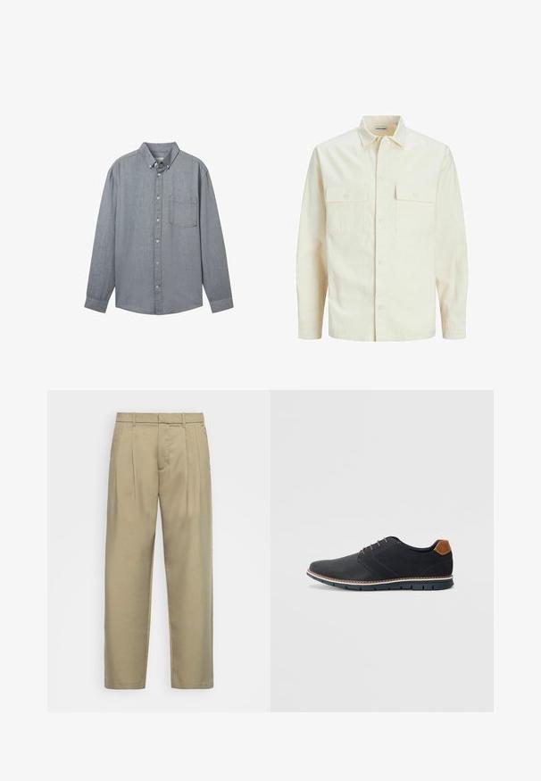 Svetlo bež srajca z dolgimi rokavi, ovratnim izrezom, dvema sprednjima žepoma, zapenjanjem na gumbe in teksturirano tkanino.; Sivina srajca z dolgimi rokavi, ovratnikom, enim žepom na rokavu in teksturirano tkanino. Zapenja se s prozornimi gumbi po sprednji strani.; Bež hlače visoko pasu s ravnim krojem, z ravnim sprednjim delom, stranskimi žepi in gladkim, teksturiranim materialom.; Črne sintetične čevlje z teksturirano zgornjščino, gladkimi akcenti, rjavim petnim delom in kontrastnim podplatom. Imajo minimalno vezanje in detajle šivanja.