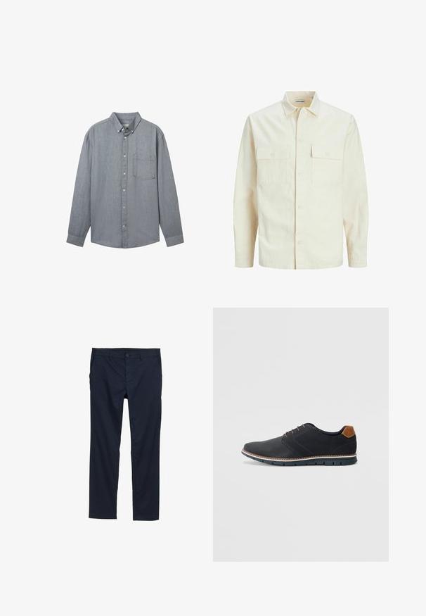Svetlo béžová košeľa s dlhým rukávom, s golierom, dvoma prednými vreckami, zapínaním na gombíky a textúrovanou látkou.; Sivá košeľa na gombíky s dlhými rukávmi, golierom, jednou náprsné vrecko a textúrovanou tkaninou. Zapínanie na viditeľné gombíky pozdĺž prednej strany.; Námořnické modré lehké kalhoty s hladkým povrchem, rovnými nohavicemi, zapínáním na knoflík a bočními kapsami.; Čierne syntetické topánky so štruktúrovaným zvrškom, hladkými akcentmi, hnedým opätkom a kontrastnou podrážkou. Majú minimálne šnurovanie a detaily prešitia.