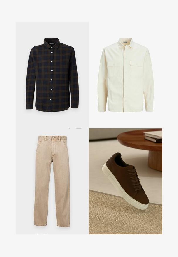 Világos bézs színű, hosszú ujjú ing, galléros nyakkal, két elülső zsebbel, gombos záródással és struktúrált anyaggal.; Hosszú ujjú, sötétkék ing barna kockás mintával. Puha anyagból készült, gombos elülső résszel és klasszikus gallérral rendelkezik.; Beige színű farmernadrág egyenes fazonnal, elülső zsebekkel, fém gombos záródással és diszkrét textúrával.; Barna velúrbőr sneaker, lapos fűzőkkel és fehér gumitalppal, lekerekített orral és minimalista dizájnnal, textúrált felület előtt elhelyezve.