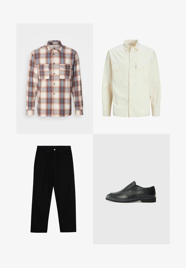 Jasno beżowa koszula z długim rękawem, z kołnierzykiem, dwoma kieszeniami z przodu, zapięciem na guziki i teksturowanym materiałem.; Koszula w kratę w kolorze kremowym, brązowym i jasnoniebieskim. Długie rękawy, zapięcie na guziki, dwie kieszenie na piersi oraz czarne akcenty guzikowe. Miękka w dotyku.; Czarne spodnie dżinsowe w klasycznym kroju prostym, z pięcioma kieszeniami i zapięciem na guzik z przodu. Gładka tekstura z minimalnymi detalami szwy.; Czarne skórzane buty wsuwane z gładką cholewką, przeszyciami, okrągłym noskiem i niskim gumowym obcasem. Podeszwa ma minimalny bieżnik.