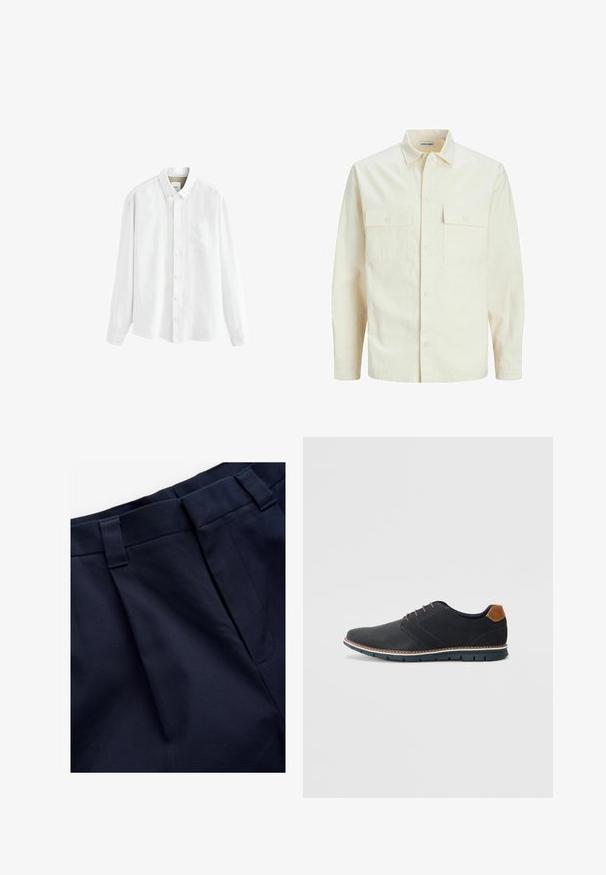 Lys beige langærmet skjorte med krave, to forlommer, knaplukning og et tekstureret stof.; Hvid langærmet skjorte lavet af letvægtsstof, med en knap-ned krave, forlommek, og klassisk knaplukning.; Marineblå plisserede bukser med en glat, struktureret stof. Har en flad talje og bæltestropper, designet til komfort og pasform.; Sorte syntetiske sko med en tekstureret overdel, glatte accenter, brun hæl og en kontrasterende sål. Har minimale snørebånd og syningsdetaljer.