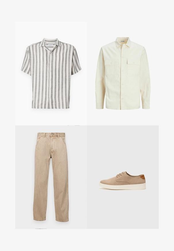 Svijetlo bež košulja dugih rukava s ovratnikom, dva prednja džepa, zatvaranje na dugmad i teksturirani materijal.; Košulja kratkih rukava krem boje s vertikalnim crnim prugama. Ima ovratnik i pet dugmadi sprijeda. Teksturirana tkanina.; Bež teksas traperice ravnog kroja, s prednjim džepovima, metalnim zakopčavanjem i suptilnom teksturom.; Bež nubuk tenisice s okruglim vrhom, vezanjem sprijeda i teksturiranim stražnjim naglaskom. Bijela gumena potpetica pruža kontrast. Jednostavan i moderan dizajn.