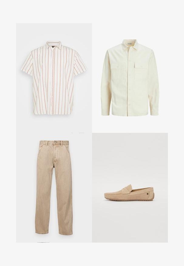 Gai bēšs garām piedurknēm krekls ar apkakles izgriezumu, divām priekšējām kabatām, pogu aizdari un teksturētu audumu.; Kreklu ar īsām piedurknēm un pogām baltā krāsā, kuram ir šauras vertikālas sarkanas svītras. Klasiska apkakle un taisna apakšmala.; Beige džinsi ar taisnu kāju dizainu, ar priekšējiem kabatām, metāla pogu aizdari un smalku faktūru.; Jack & Jones JFWJENSEN - Mokasīni - moonbeam