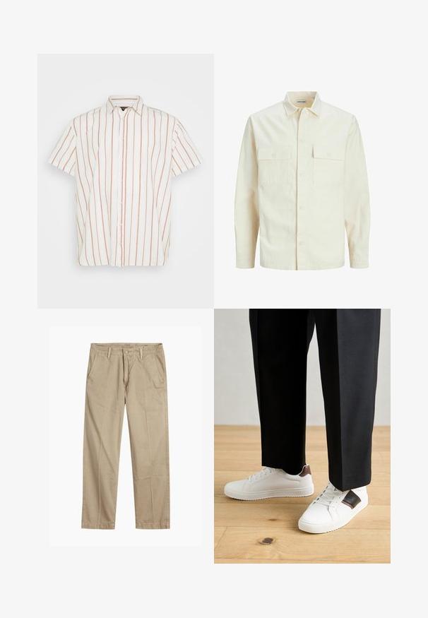 Šviesiai smėlio spalvos ilgomis rankovėmis marškiniai su apykakle, dviem priekinėmis kišenėmis, mygtukų uždarymu ir tekstūruota medžiaga.; Trumpas rankovėmis, mygtukais užsegamas marškiniai iš baltos medžiagos, puošti siaurais vertikaliais raudonais ruoželiais. Klasikinis apykaklės ir tiesaus apačios dizainas.; Bežiniai tiesaus kirpimo chinos kelnės su diržo kilputėmis, priekyje esančia mygtuko ir užtrauktuko uždarymo sistema, bei šoninėmis kišenėmis.; Balti sportbačiai su glotnia danga, puošti rudais odiniais akcentais ir juodais detalėmis, derinami su juodais pritaikytais kelnėmis. Medinių grindų fonas.