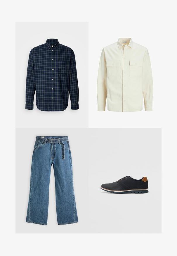 Világos bézs színű, hosszú ujjú ing, galléros nyakkal, két elülső zsebbel, gombos záródással és struktúrált anyaggal.; Tengerészkék és sötétzöld kockás ing, pamutból készült, gombos gallérral, hosszú ujjakkal és mellszárral rendelkezik, kerek gombokkal.; Kék farmer széles szárú nadrág, hozzáépített övvel, elülső zsebekkel és látható varrással, sima világos háttéren.; Fekete szintetikus cipők, textúrált felsőrésszel, sima díszítésekkel, barna sarkával és kontrasztos talppal. Minimális fűzéssel és varrási részletekkel rendelkezik.