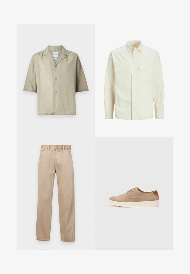 Světle béžová košile s dlouhým rukávem, límečkem, dvěma předními kapsami, zapínáním na knoflíky a strukturovanou tkaninou.; Krátký rukáv, košilová košile z lehkého khaki materiálu. Obsahuje límec typu camp, rovný střih a pět knoflíků na přední straně. Texturovaný povrch.; Béžové džíny z denimu se středně širokým střihem, vybavené předními kapsami, kovovým zapínáním na knoflík a jemnou texturou.; Béžové semišové tenisky s kulatou špičkou, šněrováním vpředu a texturovaným zadním akcentem. Bílá gumová podrážka poskytuje kontrast. Jednoduchý a moderní design.