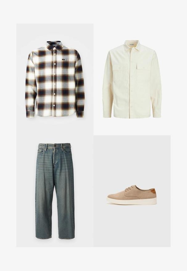 Kergedbež pika-särk pikkade varrukatega, krae ja kahe eespool asuva taskuga, nööpidega kinnitamine ja reljeefne materjal.; Valge, halli ja pruuni ruudulise mustriga pika varrukaga särk. Omab nööpidega kinnitust, klassikalist kraed ja väikest brändilogo rinnal.; Heledad sinine denim-stiilis teksad, volüümse lõike, keskmise kõrgusega talje ja sirgete säärega. Omab viit taskut, vöökumme ja nööpide sulgemist.; Beežid nahast tossud ümarate varvastega, paeltega esiosa ja tekstuuriga tagakontuuriga. Valge kummist tallapakkumine loob kontrasti. Lihtne ja kaasaegne disain.