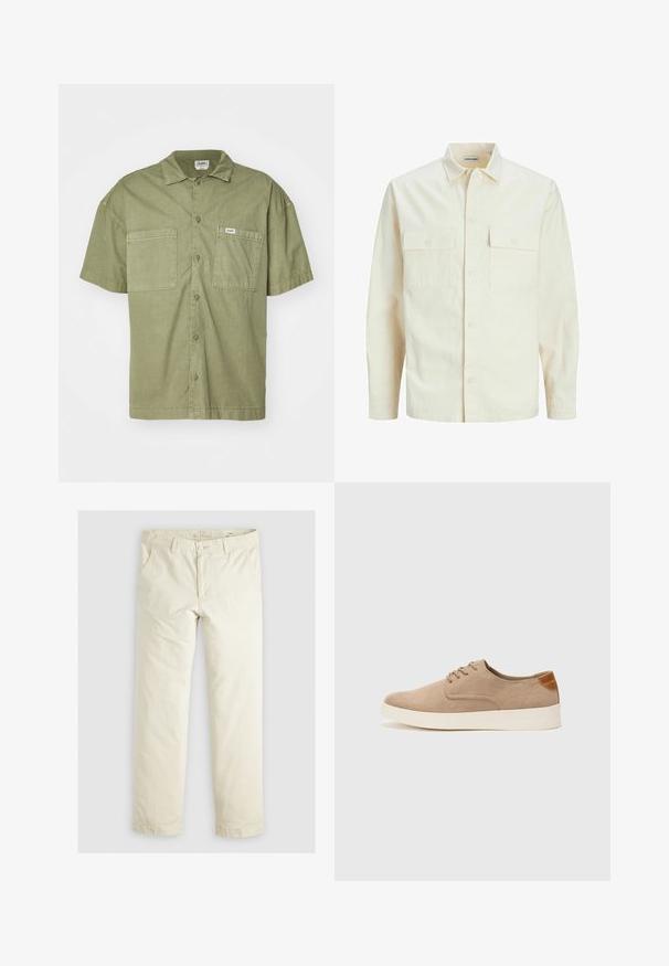 Kergedbež pika-särk pikkade varrukatega, krae ja kahe eespool asuva taskuga, nööpidega kinnitamine ja reljeefne materjal.; Lühikeste varrukatega oliivroheline puuvillane särk, millel on kaelus, kaks eesmist taskut ja nööbiga kinnitamine.; Heledadbež püksid, millel on lõtv istuvus, kolm taskut, vöökohad ja sirge lõikega disain. Valmistatud pehmest puuvillasegust materjalist.; Beežid nahast tossud ümarate varvastega, paeltega esiosa ja tekstuuriga tagakontuuriga. Valge kummist tallapakkumine loob kontrasti. Lihtne ja kaasaegne disain.