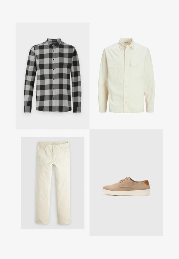 Hellbeige Langarmhemd mit klassischem Kragen, zwei Fronttaschen, Knopfverschluss und strukturiertem Stoff.; Schwarz und grau kariertes Langarmhemd mit Knopfleiste. Verfügt über einen Kragen und schwarze Knöpfe. Hergestellt aus einem weichen, strukturierten Stoff.; Helle beigefarbene, lässig geschnittene Hose mit drei Taschen, Gürtelschlaufen und geradem Bein. Hergestellt aus einem weichen Baumwoll-Mix.; Beige Wildleder-Sneaker mit runder Zehenpartie, Schnürung und strukturiertem Rückenteil. Die weiße Gummisohle sorgt für einen Kontrast. Einfaches und modernes Design.