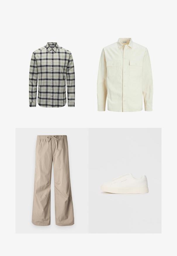 Lichtbeige langemouwen shirt met een kraaghalslijn, twee voorzakken, knoopsluiting en een gestructureerde stof.; Lichtgrijze overhemden met een navy- en bruin geruit patroon, voorzien van lange mouwen, een puntig kraag en knoopdetails.; Beige wijde broek met een elastische tailleband en trekkoord. Gladde textuur, twee zijzakken en minimale naden voor een relaxte pasvorm.; Witte instap sneakers met een gestructureerd oppervlak, een dikke zool en een minimalistisch ontwerp. Bevat het merklogo aan de zijkant.